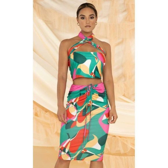 Dresses | Multicolor Geometric Convertible Crop Top Ruched Midi Skirt ...